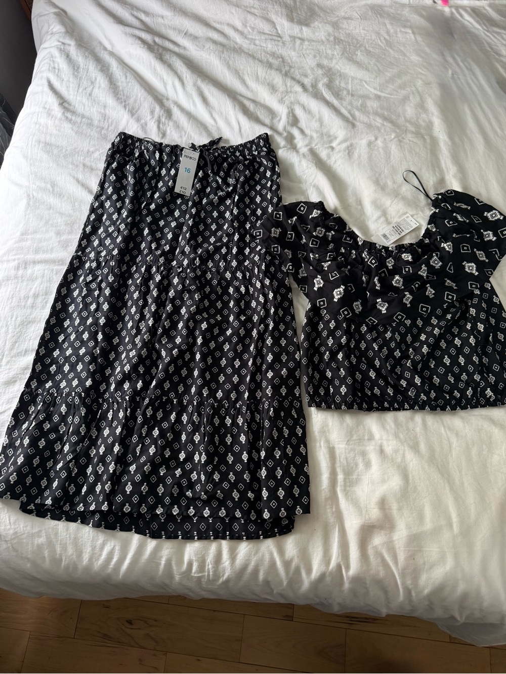 Black Geometric Print Maxi Skirt and matching top.